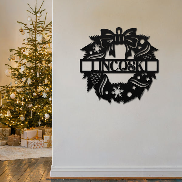 Black Christmas Wreath Metal Sign