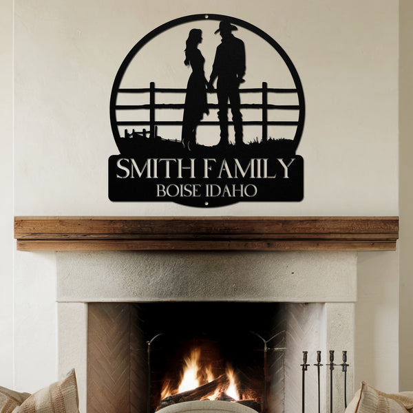 Country Couple Metal Sign - Black