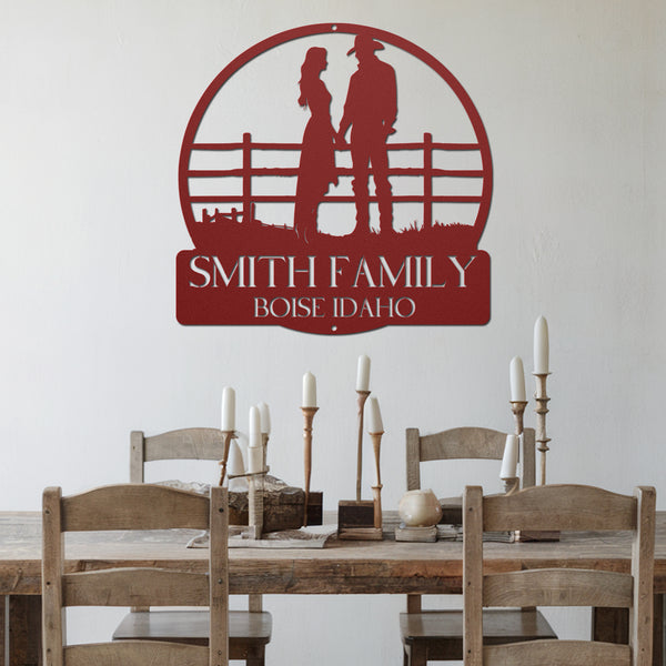 Country Couple Metal Sign - Red