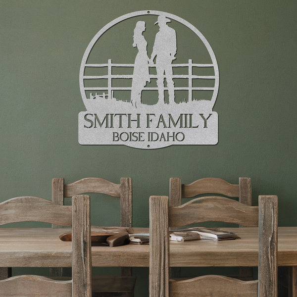 Country Couple Metal Sign - Silver