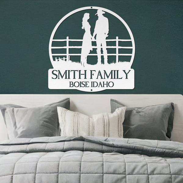 Country Couple Metal Sign - White