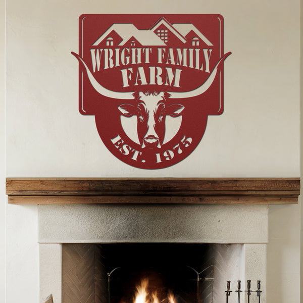 Longhorn Steer Metal Farm Sign - Red