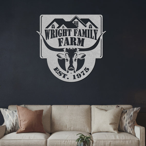 Longhorn Steer Metal Farm Sign - Silver