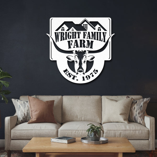 Longhorn Steer Metal Farm Sign - White