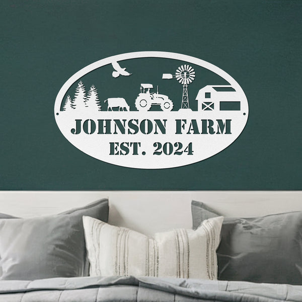 Oval Metal Farm Sign - White