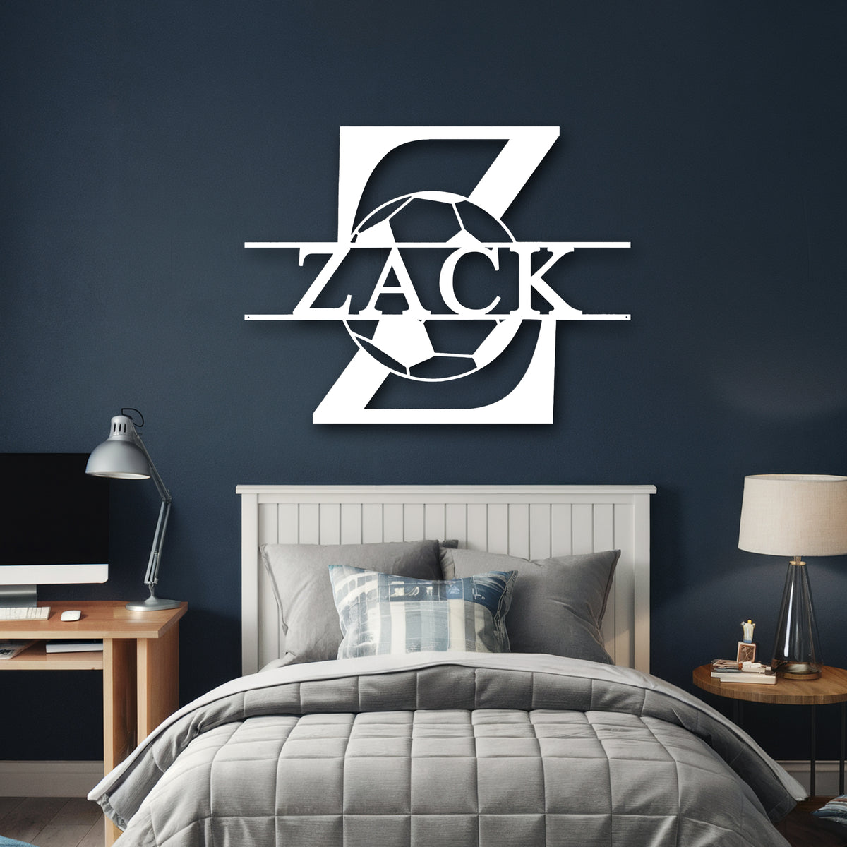 Split Monogram Soccer Metal Sign - White